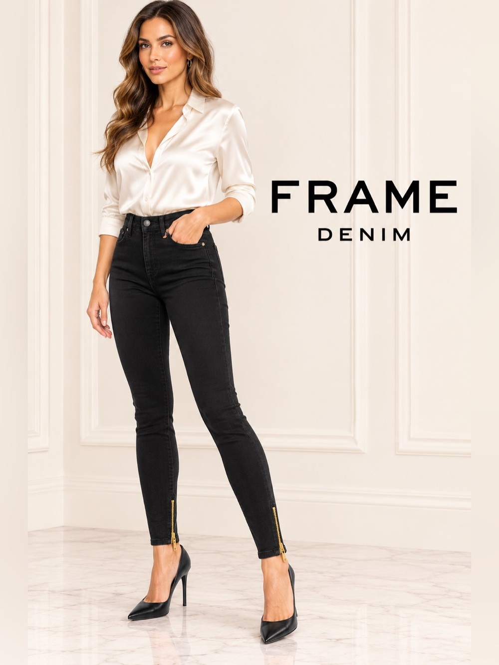 FRAME Le High Skinny Noir Black Ankle Zip Jeans Gold Hardware Size 28